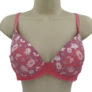 Lucky Brand 36C Bra Pink White Flower Floral Lace Trim Underwire Lined Womens